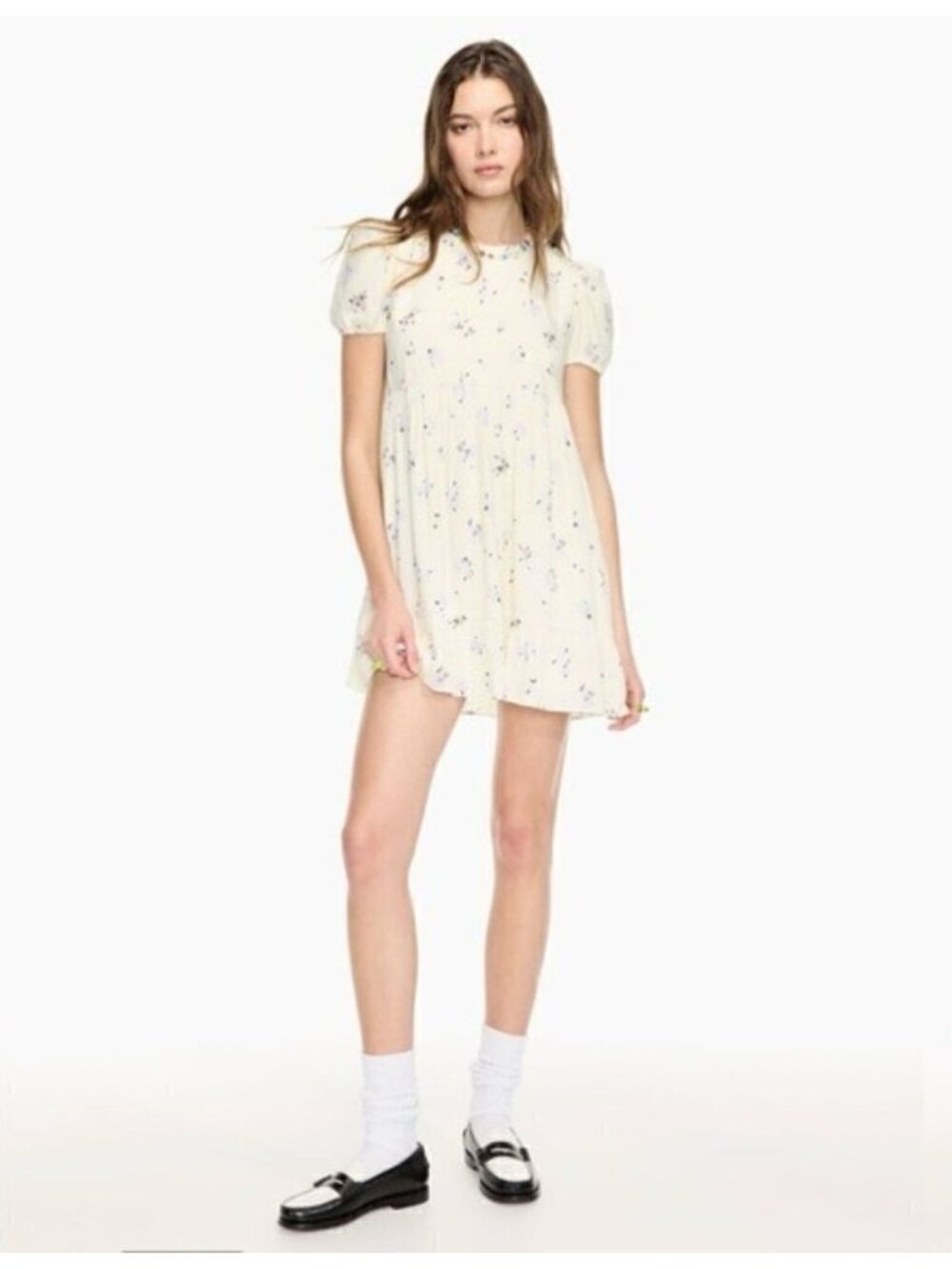 Aritzia SUNDEH Zane puff-sleeve Babydoll floral butter yellow dress SZ Medium